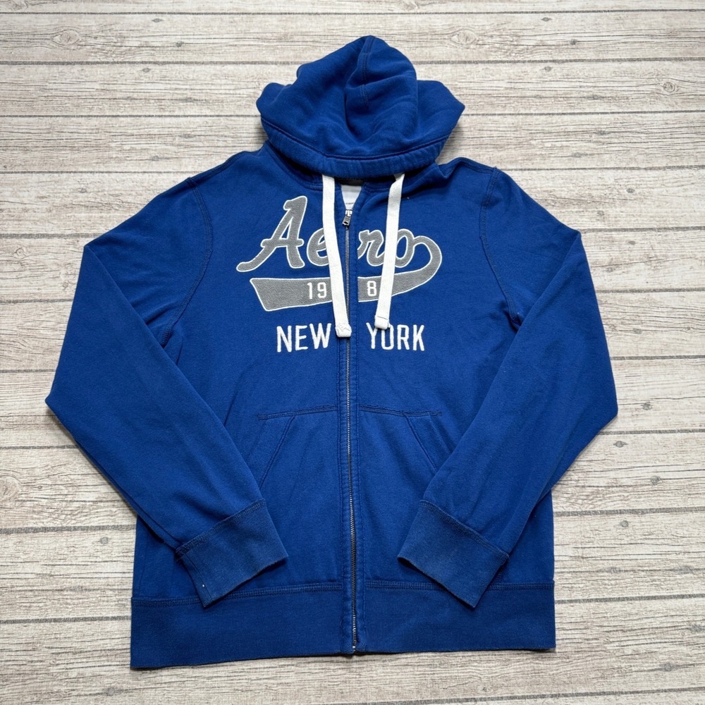 Y2K Aeropostale Hoodie Men's Medium Blue Fleece Lined Full Zip Loose Fit Varsity
